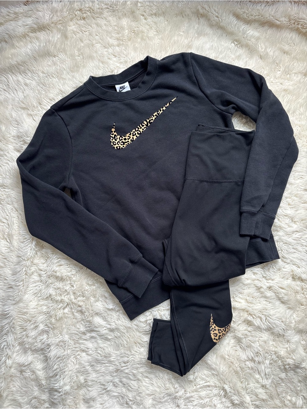 Nike Black Crewneck Sweatshirt with Leopard Swoosh and matching leggings